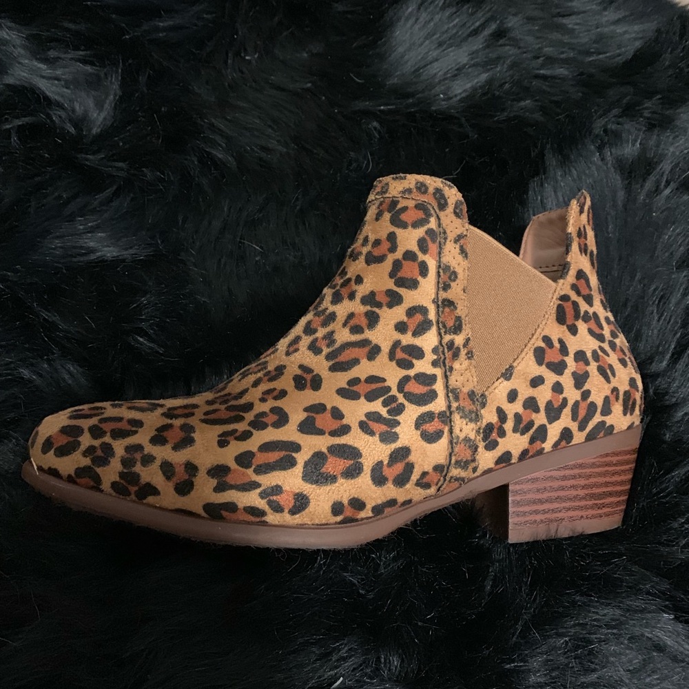 Faux suede cheetah 1/2” heel booties.
